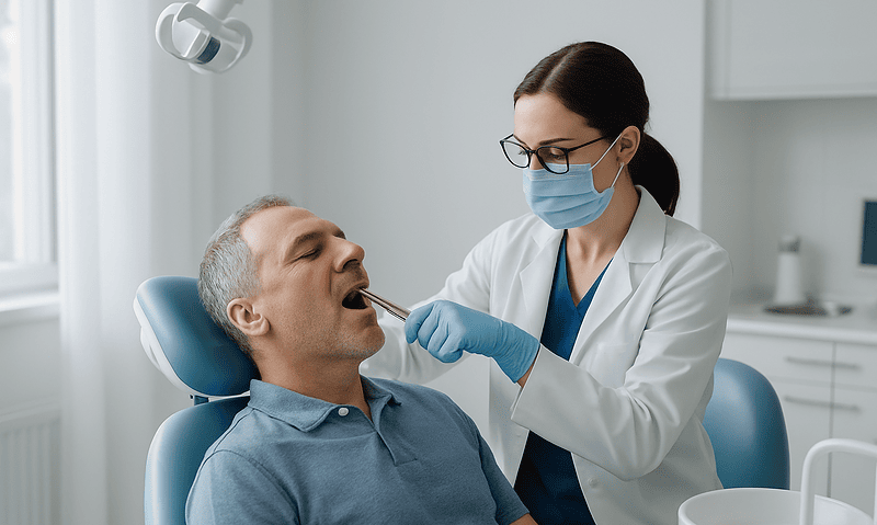 Dentist performs oral exam on patient in dental clinic setting.
