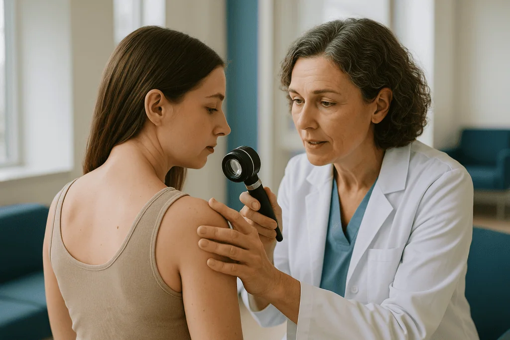 Dermatologist examining patient's shoulder with dermoscope: What happens during congenital nevus dermoscopy monitoring, step
