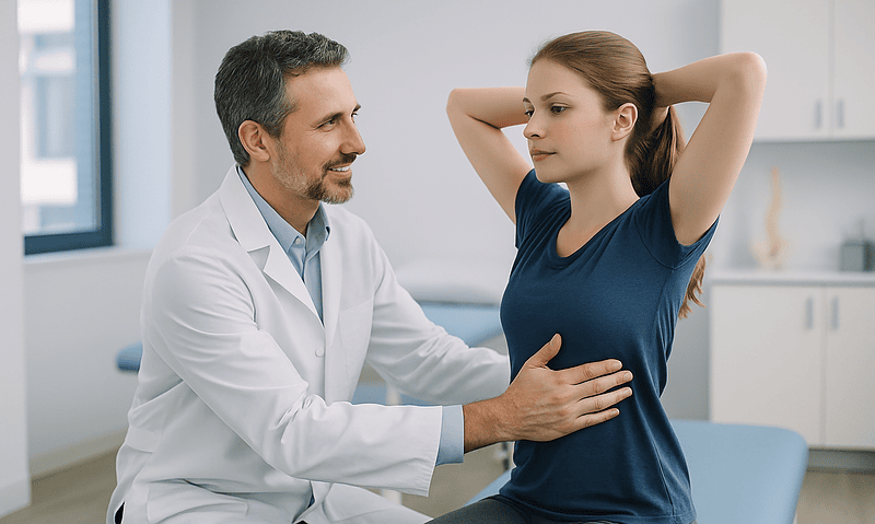 Doctor examining a young girl during a scoliosis assessment at Acibadem Hospital.