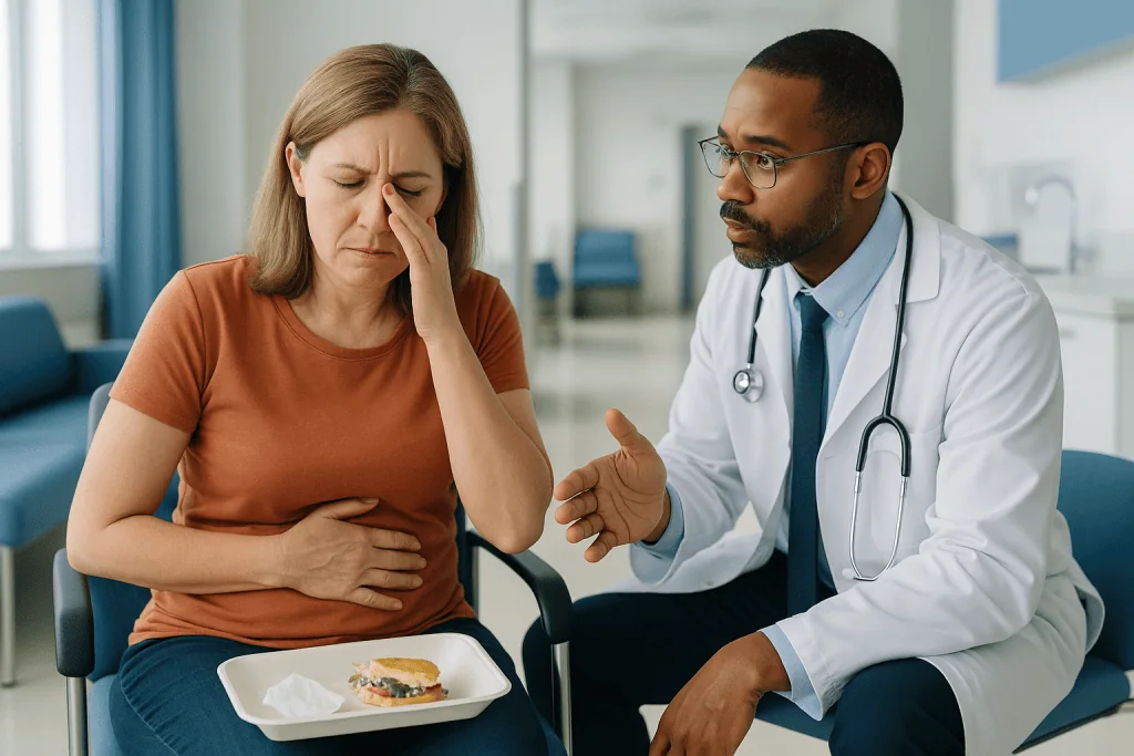 Doctor consulting patient about food or digestive issue: What happens in your body once motion sickness starts