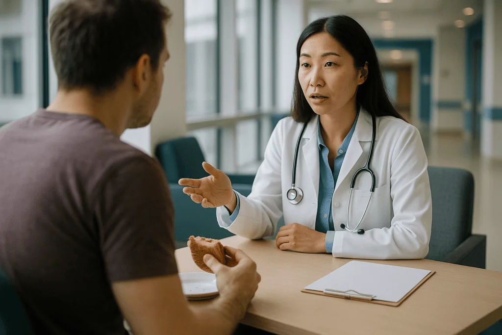 Doctor consulting patient with sandwich in clinical setting: What happens inside your body when you eat late at night
