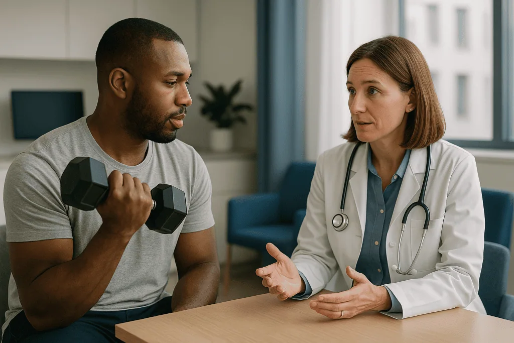 Doctor consulting male patient holding dumbbell: What happens when testosterone is high in males?