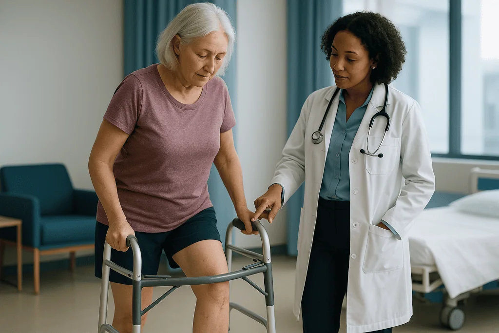 Senior patient with walker receiving medical guidance from physician: What happens with a cementless (uncemented) knee impla