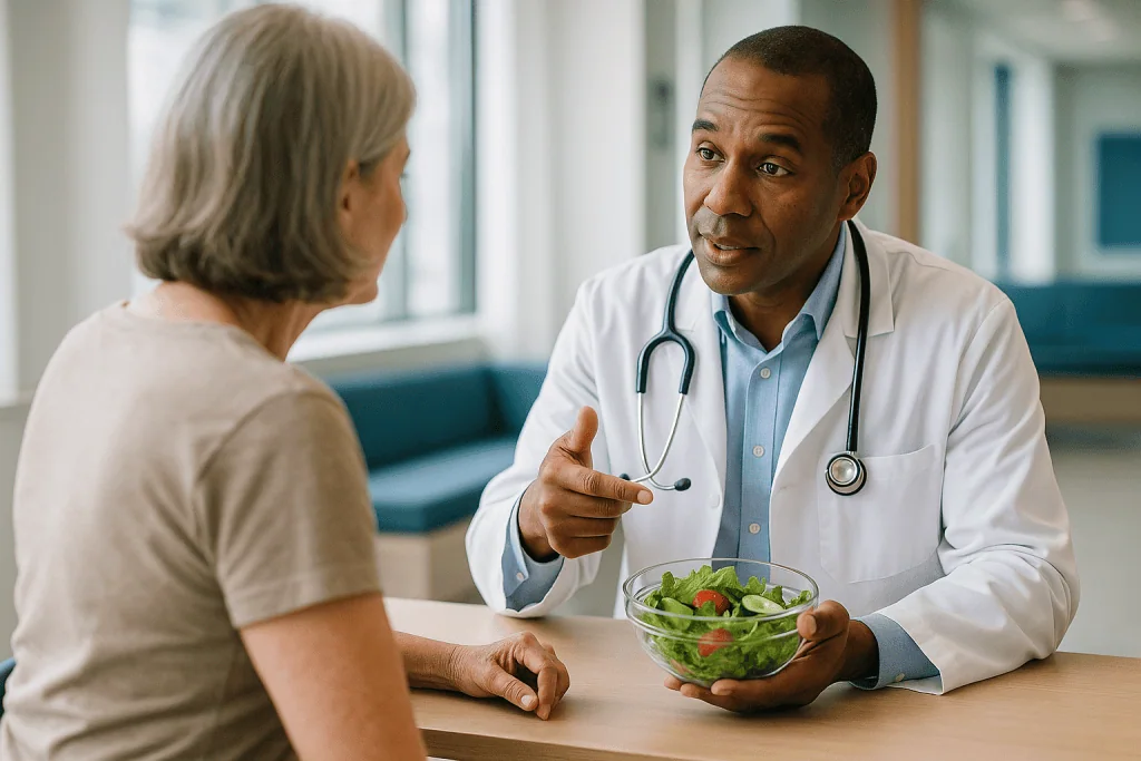 Doctor consulting patient about healthy diet with salad bowl: What HDL cholesterol actually does in the body