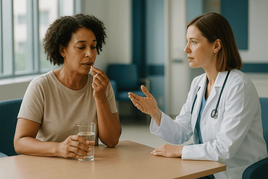 Doctor consulting patient in office setting: What headache medicine can change first: frequency