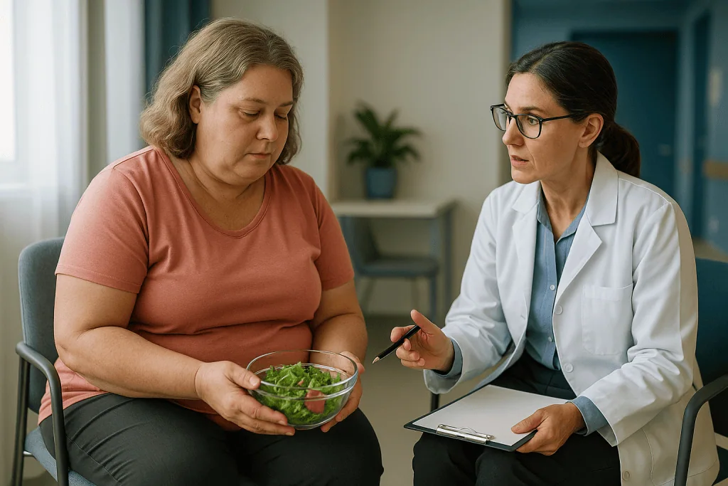Doctor consulting patient holding salad bowl: What hormones cause weight gain? The real list