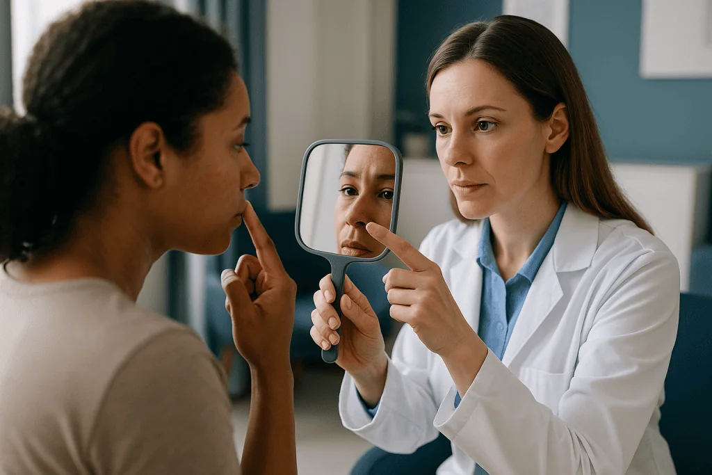 Dermatologist examining patient's facial skin with mirror: What is a blackhead, and why is it dark?