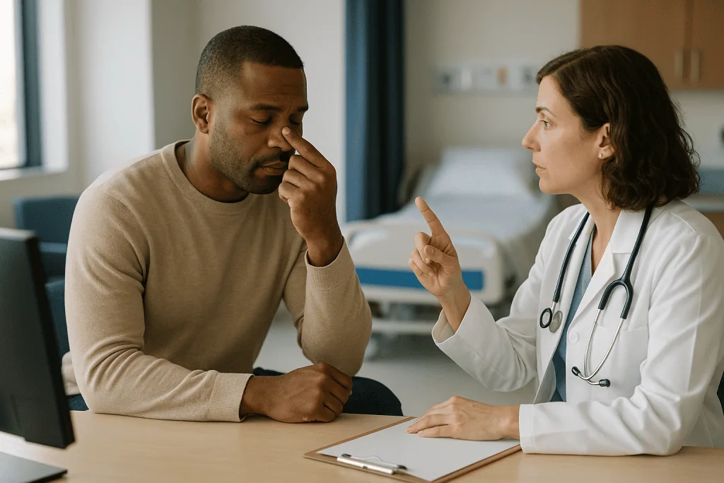 Doctor consulting with patient in clinical setting: What is a deviated septum, and what does deviated septum surgery correct