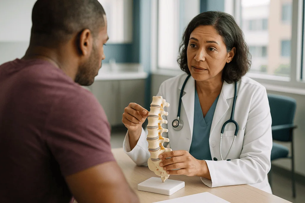 Doctor consulting patient about spinal anatomy model: What is a diskectomy, and how does it compare with other spine operati