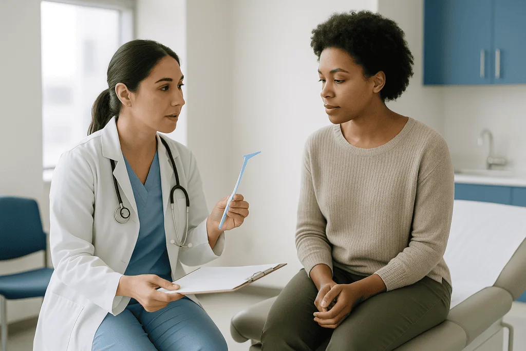 Female doctor consulting patient in clinical setting: What is a Pap smear, and what does it actually look for?