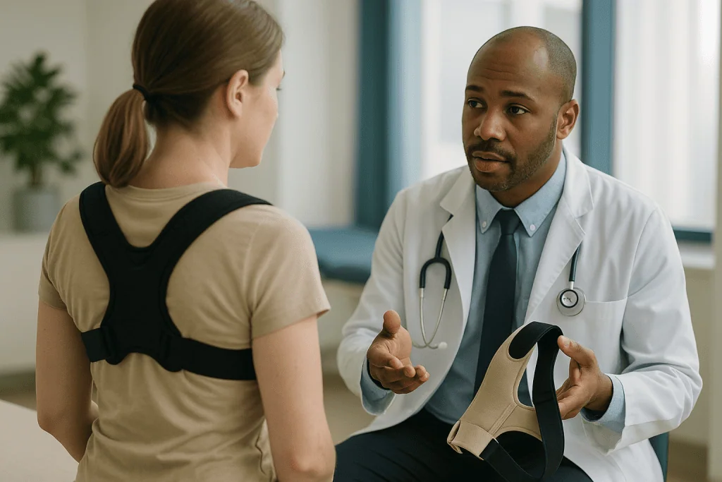 Doctor consulting patient wearing back posture corrector brace: What is a posture corrector, and what does it actually do?