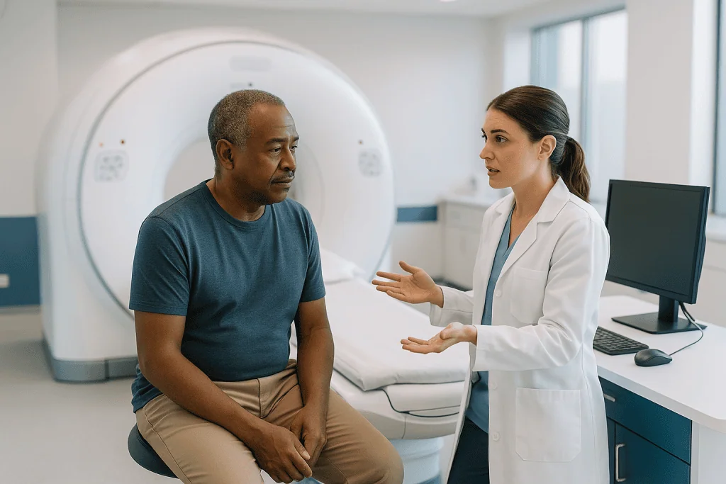 Doctor consulting male patient in medical imaging facility: What is a prostate MRI and how does the scan work?