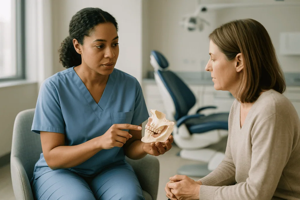 Dental professional consulting patient with jaw model: What is a sinus lift in dentistry, and how does grafting rebuild bone