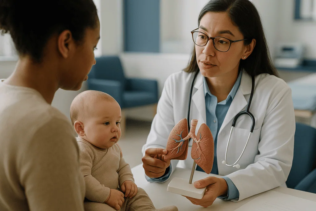 Pediatrician consulting mother about infant lung anatomy model: What is actually happening inside a baby's airways?