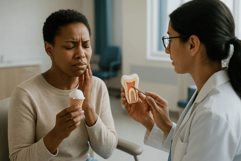 Dentist explains tooth structure model to patient with toothache: What is actually happening inside a sensitive tooth?
