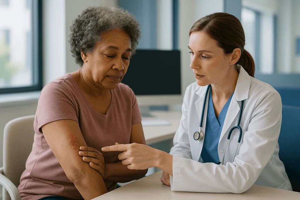 Doctor examining patient's arm rash in clinical consultation: What is actually happening under the skin when shingles starts