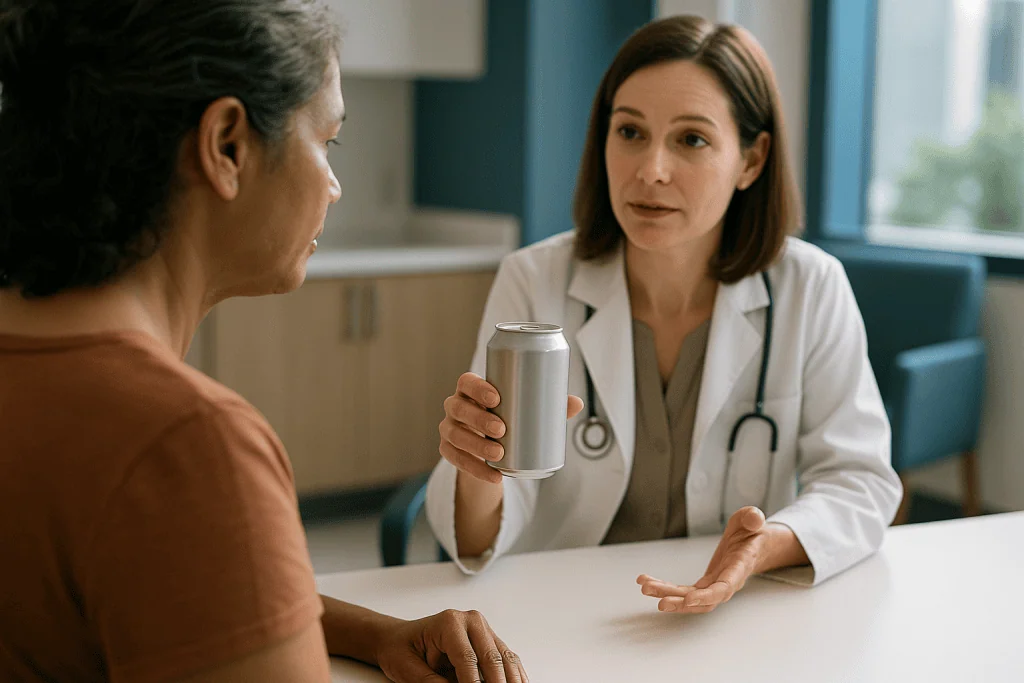 Doctor consulting patient with beverage can: What is actually in a can of diet soda?