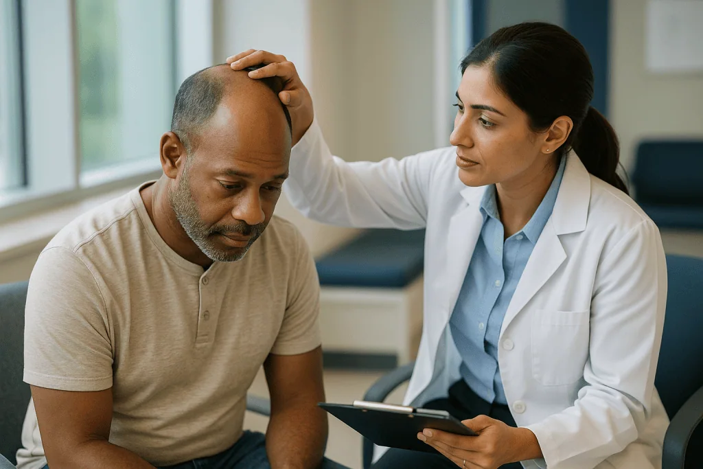 Doctor consulting patient about general health concern: What is androgenetic alopecia, and why does it matter for light ther