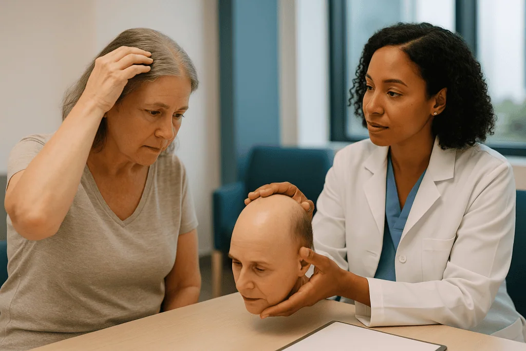 Doctor examining male patient's head during consultation: What is androgenetic alopecia, and why does menopause bring it out