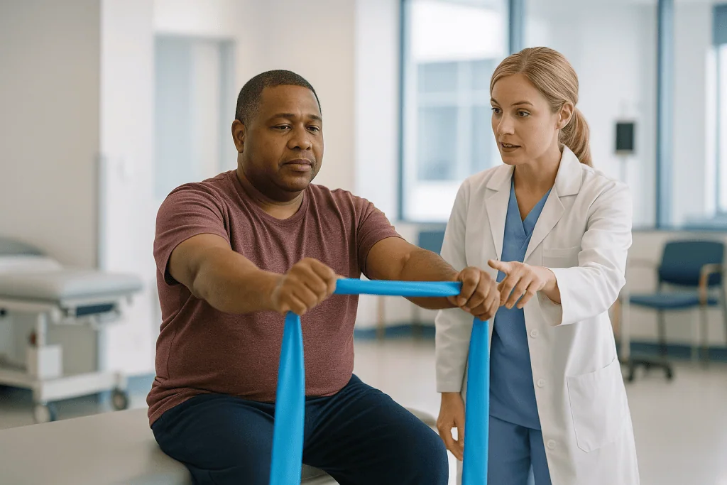 Physical therapist guiding patient with resistance band exercise: What is considered therapeutic exercise?