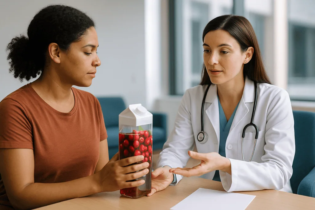 Doctor consulting patient holding juice carton: What is d-mannose, and where does it come from?
