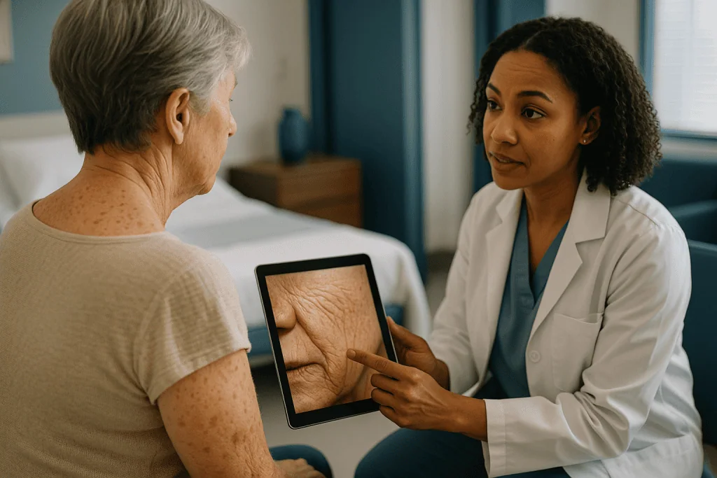 Doctor examining patient's facial skin with tablet: What is dermatoheliosis, and why do doctors use that word?