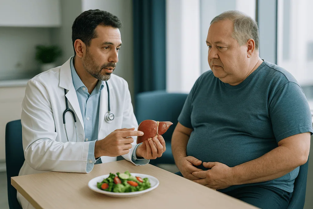Doctor consulting overweight patient about liver health: What is early liver fat, and why does the word "early" matter so mu