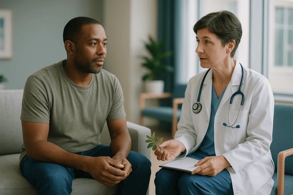 Doctor consulting with male patient in clinical setting: What is fadogia agrestis, and where does the tradition come from?