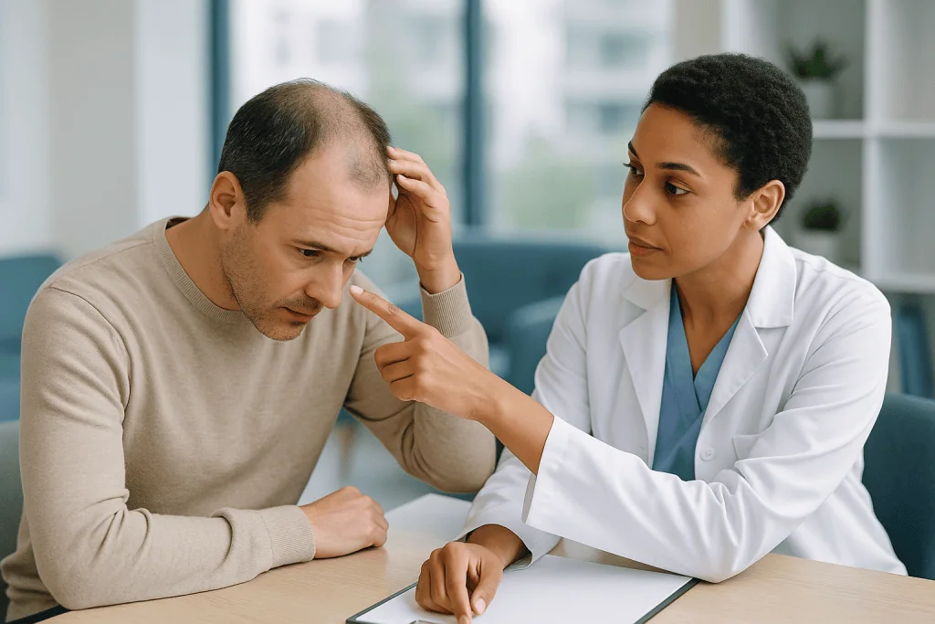 Doctor consulting patient about hair loss concern: What is frontal thinning, and why does hair thinning at temples appear fi
