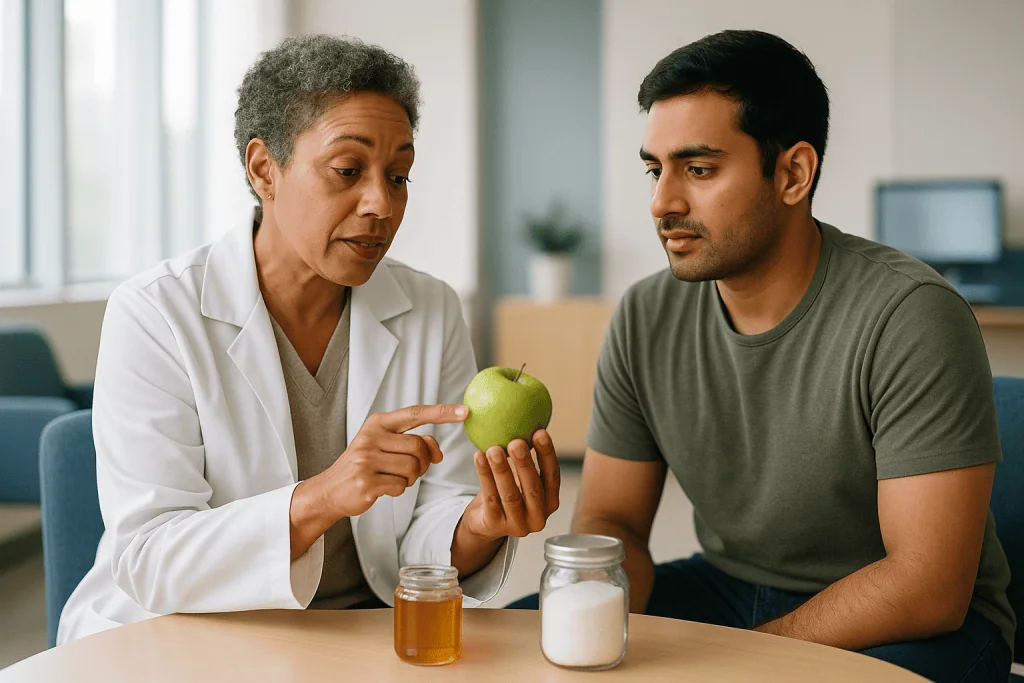 Doctor consulting patient about healthy eating with apple: What is fructose, and how is it different from glucose and sucros