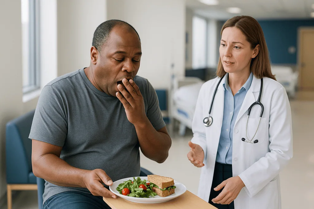 Doctor consulting patient about healthy eating and diet: What is ghrelin, the hunger hormone that rises before meals?