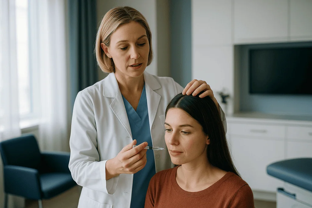 Medical professional administering injection to patient's head: What is hair botox, and does it involve botulinum toxin?