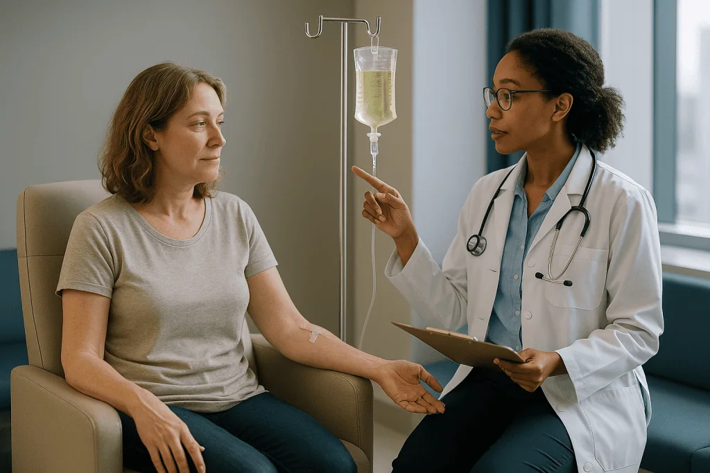 Doctor consulting patient with IV drip in clinical setting: What is in a Myers' cocktail?