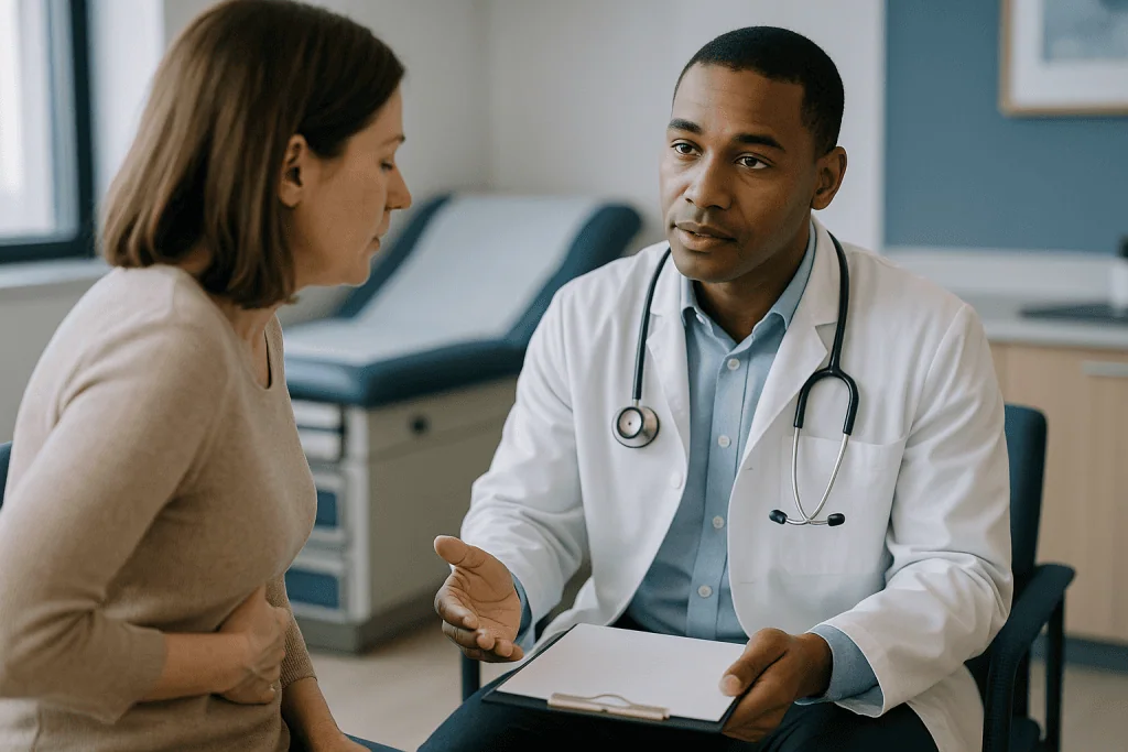 Doctor consulting with patient in clinical setting: What is irritable bowel syndrome (IBS), and why does mucus in stool ibs 