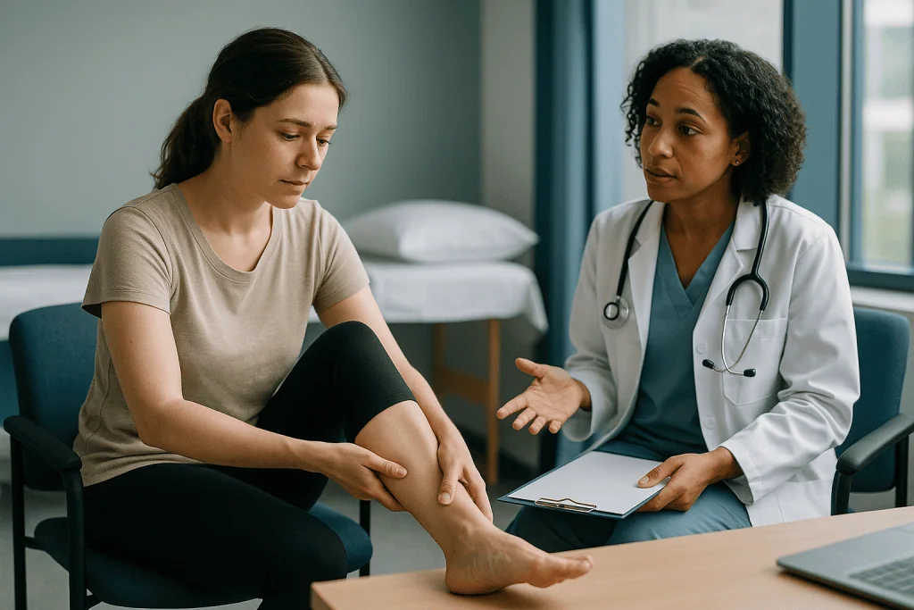 Doctor consulting with patient about leg or knee pain: What is joint hypermobility, and is being bendy actually a problem?