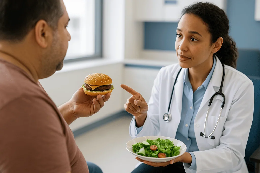 Doctor counseling patient about food choices: What is MASLD (metabolic dysfunction-associated steatotic liver disease)?