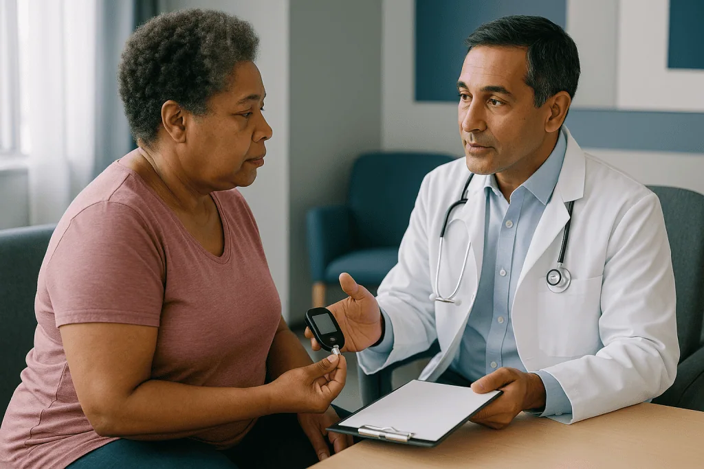 Doctor consulting patient with glucose meter during checkup: What is metabolic health, and why do experts talk about five ma