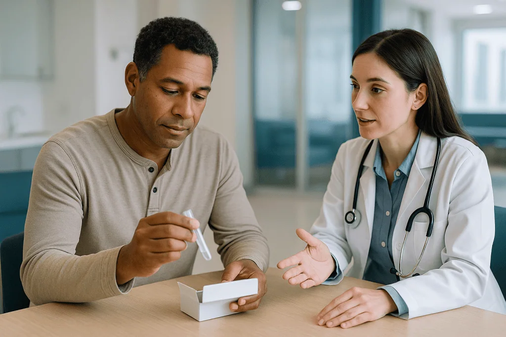 Doctor consulting with patient, reviewing medical results: What is microbiome testing, and what does an at home gut health t