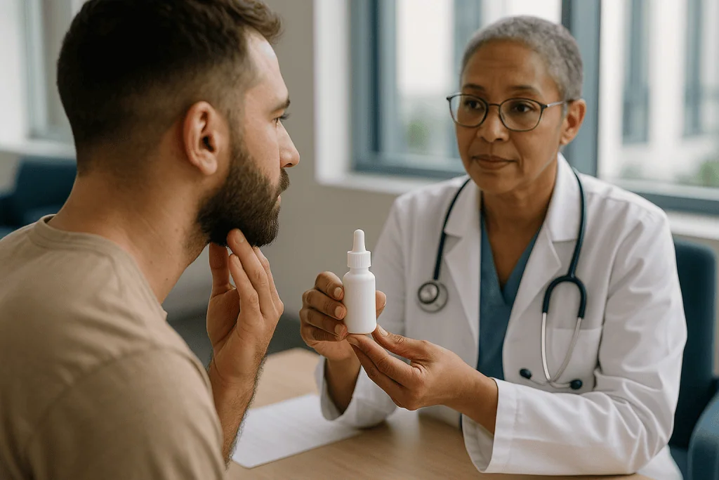 Doctor consulting patient about medical treatment or medication: What is minoxidil and how did a blood pressure pill end up 
