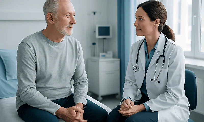 Doctor consulting with an elderly male patient in a hospital room.