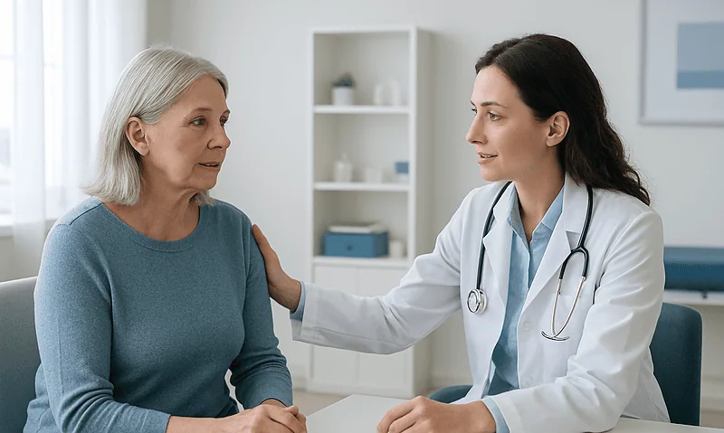 Doctor consulting with an elderly female patient in a medical office.