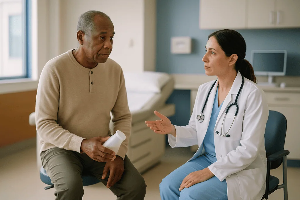 Doctor consulting male patient in clinical examination room: What is post void residual volume and why does it matter?