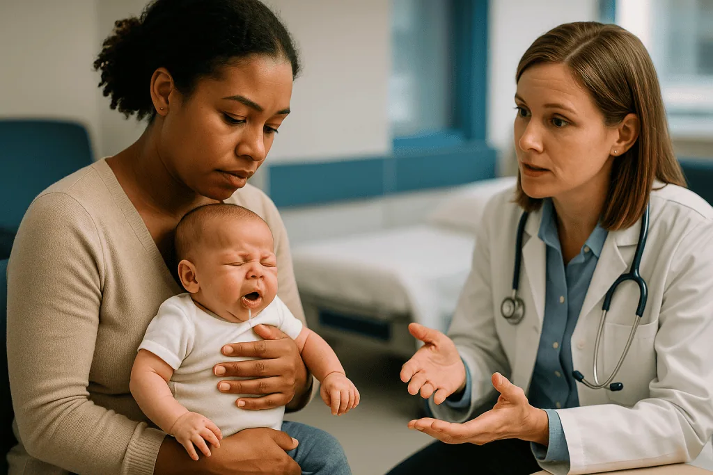 Doctor consulting mother holding fussy infant in clinic: What is regurgitation, and why do babies do so much of it?
