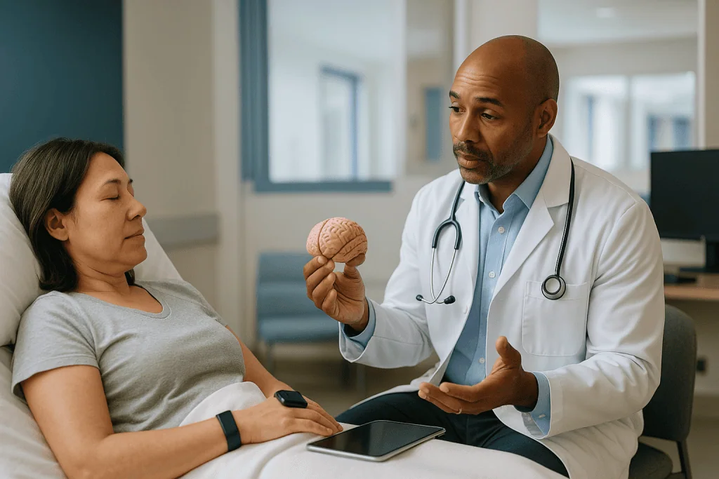 Doctor consulting patient about brain anatomy model: What is REM sleep and what happens in the brain during it?