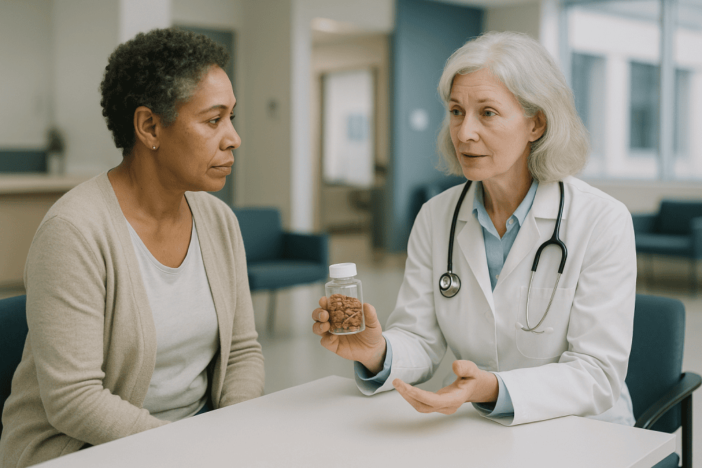 Doctor consulting patient about supplement bottle: What is rhodiola, and what does rhodiola do to your body?
