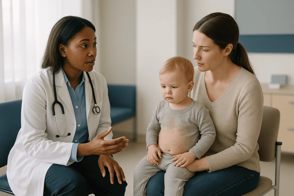 Pediatrician consulting with mother about toddler patient: What is roseola, and how does a child get it?