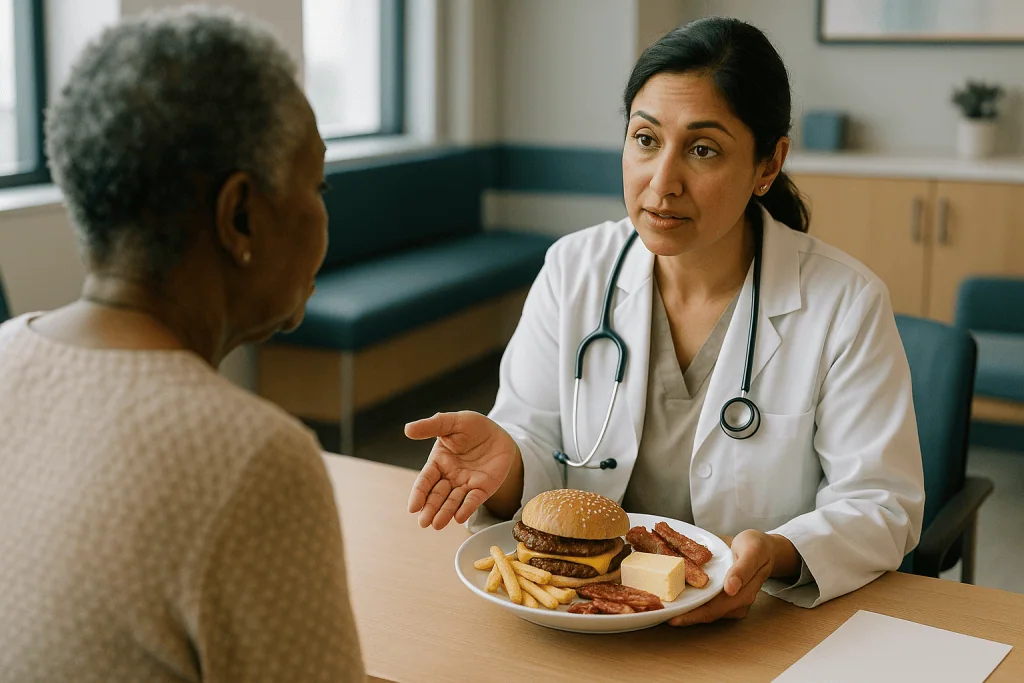 Doctor discussing unhealthy diet with patient at consultation: What is saturated fat, and which foods contain the most?