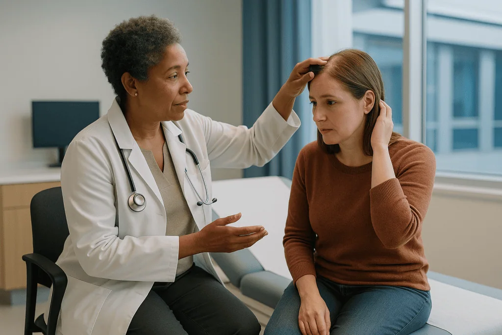 Doctor examining patient's head during consultation: What is scalp psoriasis, in plain terms?