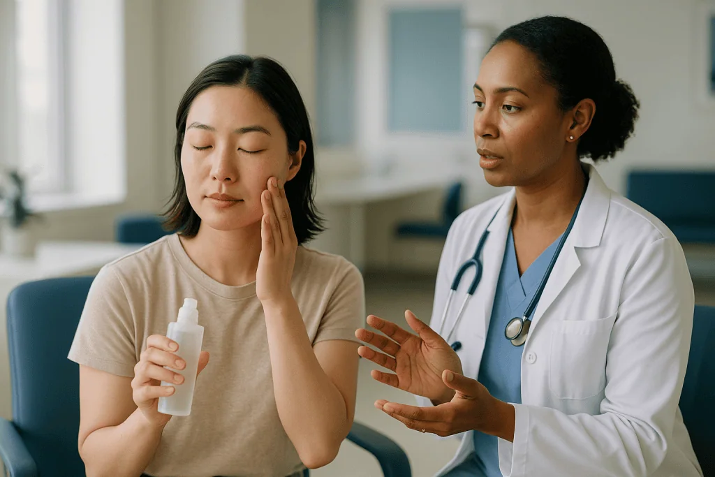 Doctor consulting patient about facial skin care product: What is skin flooding, and how is it different from glass skin?