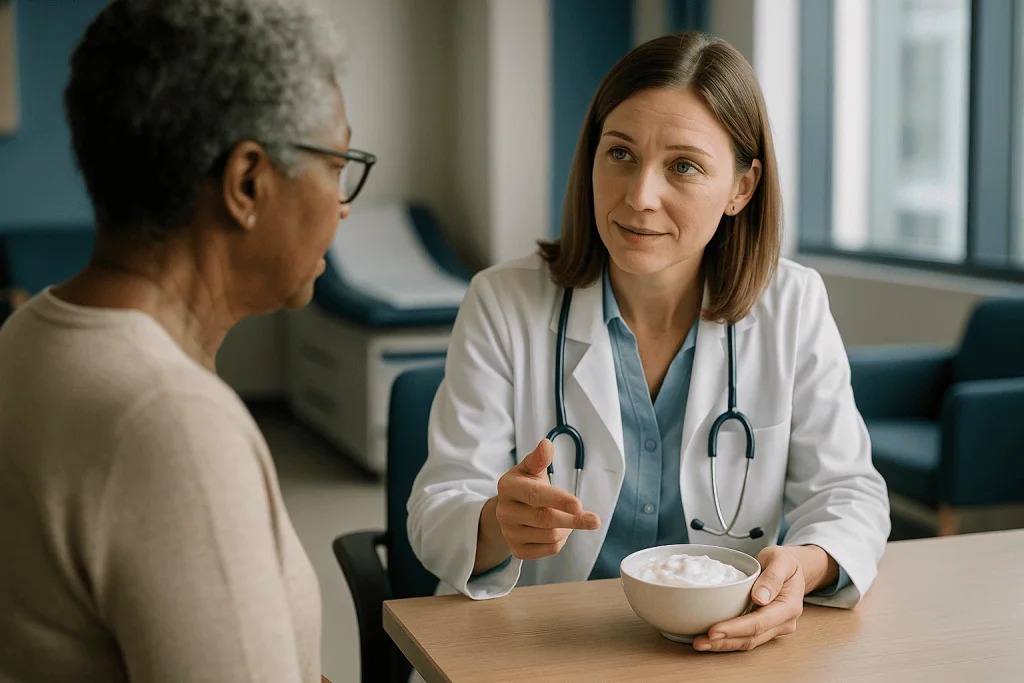 Doctor consulting patient, holding bowl of yogurt: What is skyr, and is it yogurt or cheese?